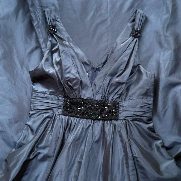 Rickie Freeman Teri John Silk Bead Embellished Silvery Blue Sleeveless Gown 12 - Picture 7 of 12